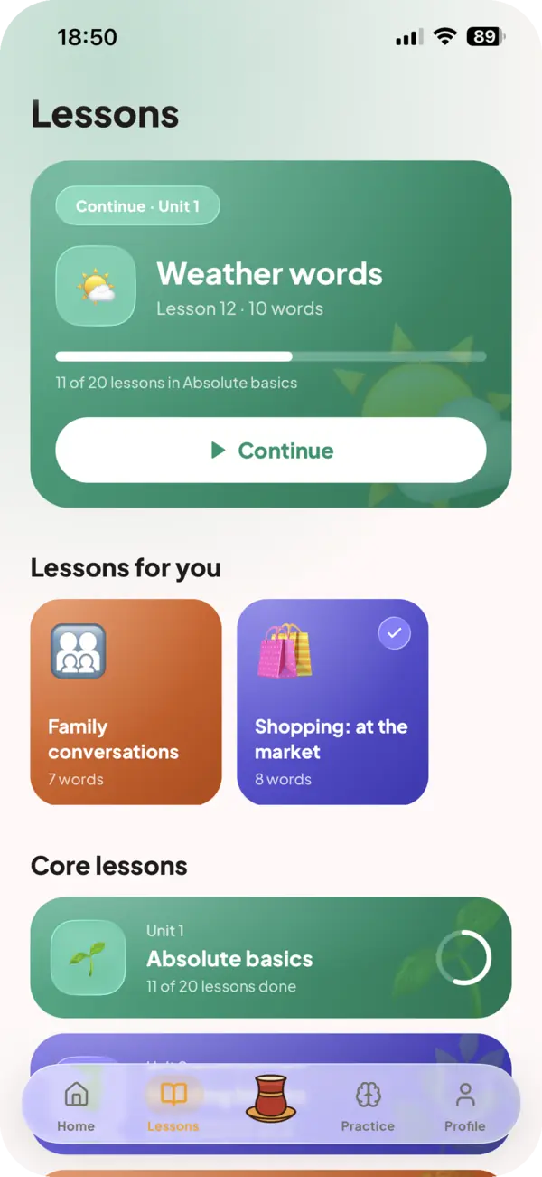 The Hachi lessons screen with units like Weather words and Family conversations