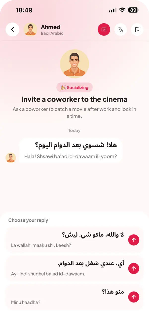 A Hachi chat scenario where you pick the right Iraqi Arabic reply to a coworker